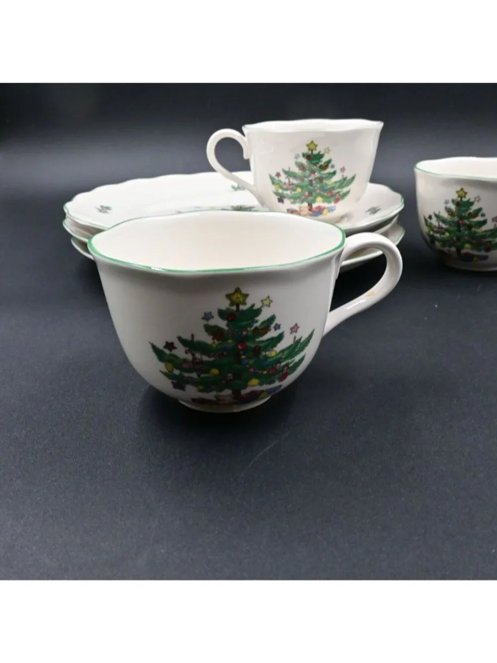 Nikko Happy Holidays Set of 3 Snack Saucer Plate & Tea Cups Christmas Tree